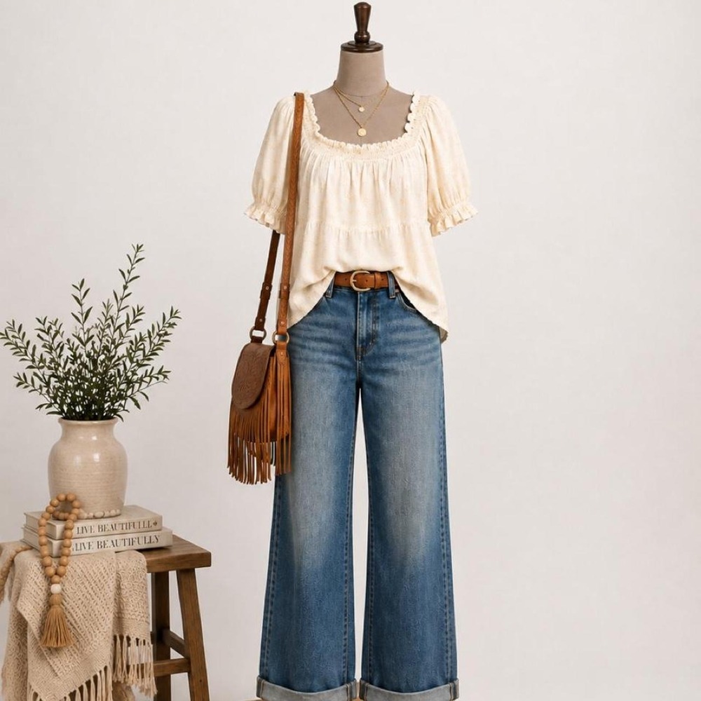 Old Navy Cream Embroidered Peasant Blouse Women's L Boho Cottagecore